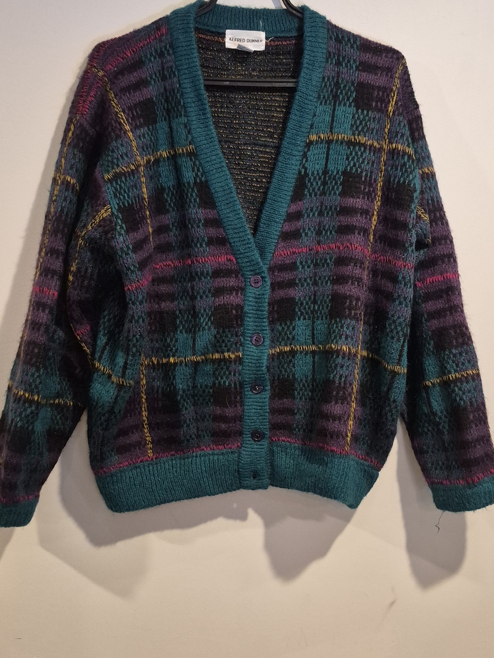 Alfred Dunner teal, purple & black plaid button-up cardigan